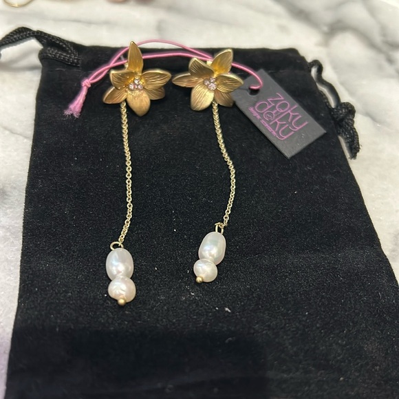 Two Way Flower & Pearl Drop Earrings-Boutique - Picture 4 of 6